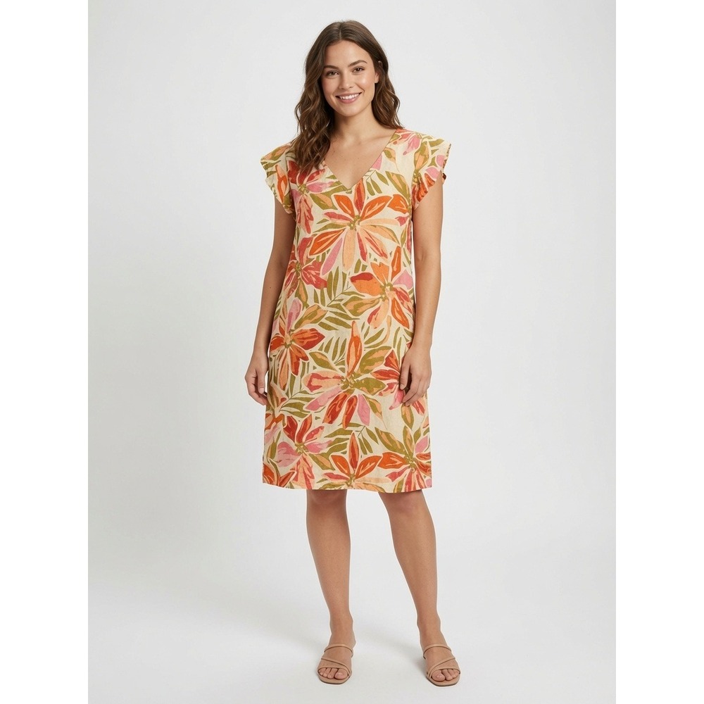 Nicole‎ Miller New York Linen Floral V-Neck Ruffle Sleeve Shift Dress XL Orange